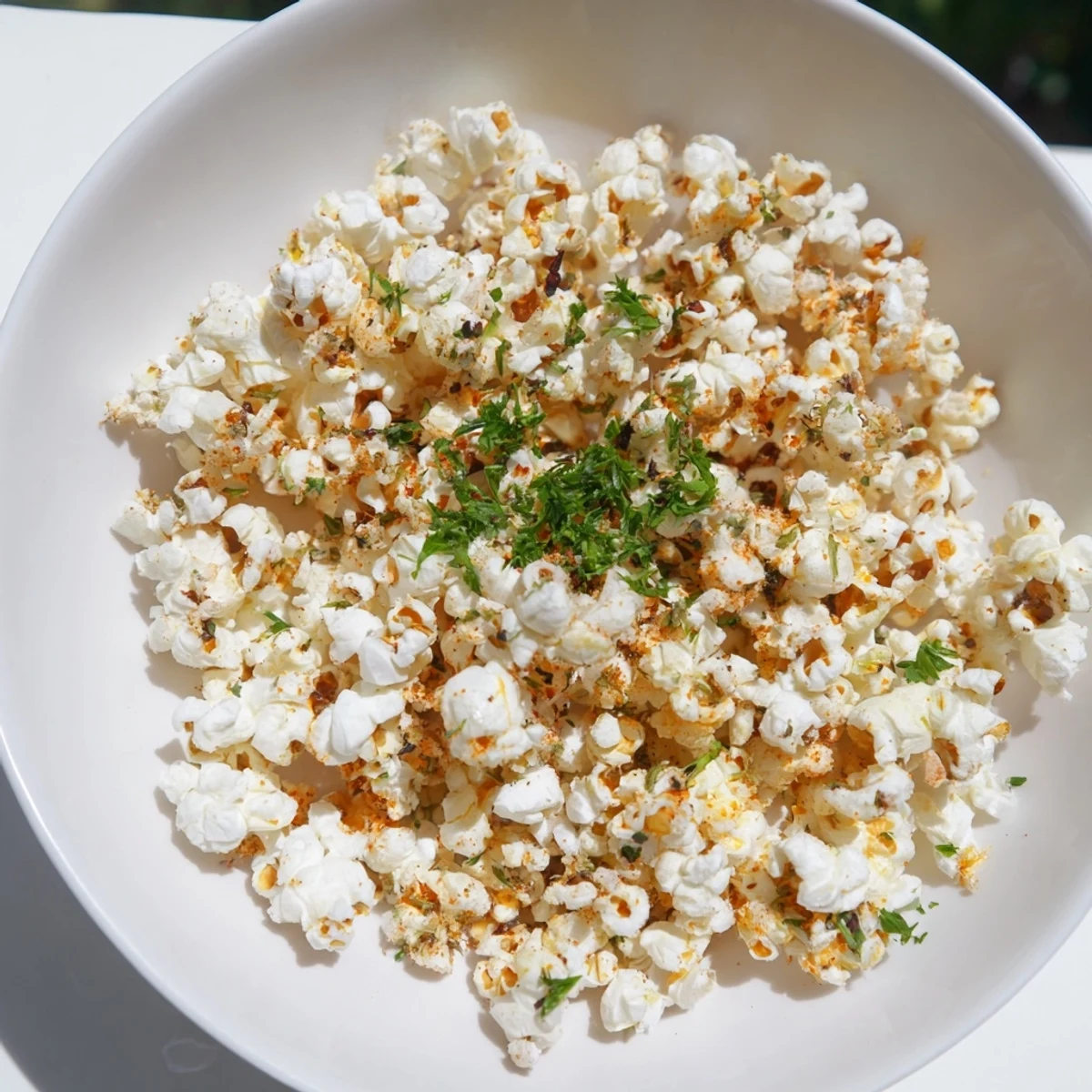 A big bowl of savory Savoury Popcorn Mixes, ideal for movie night, seasoned and ready to eat.