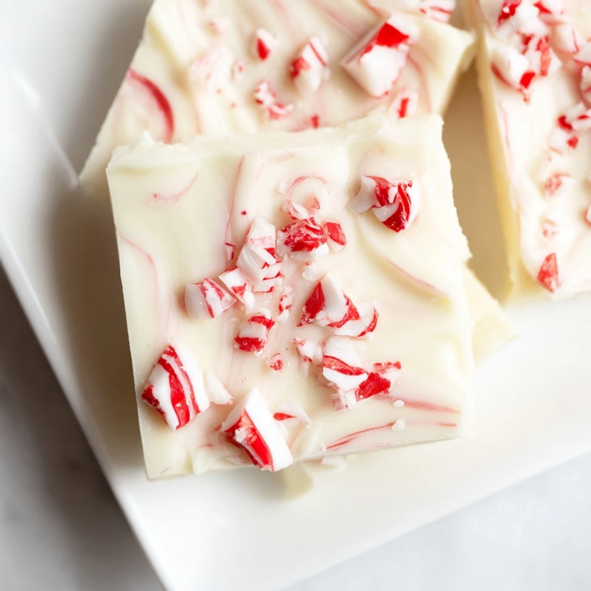 Swirled, creamy white chocolate peppermint bark fudge, speckled with festive crushed candy canes, ready to enjoy.