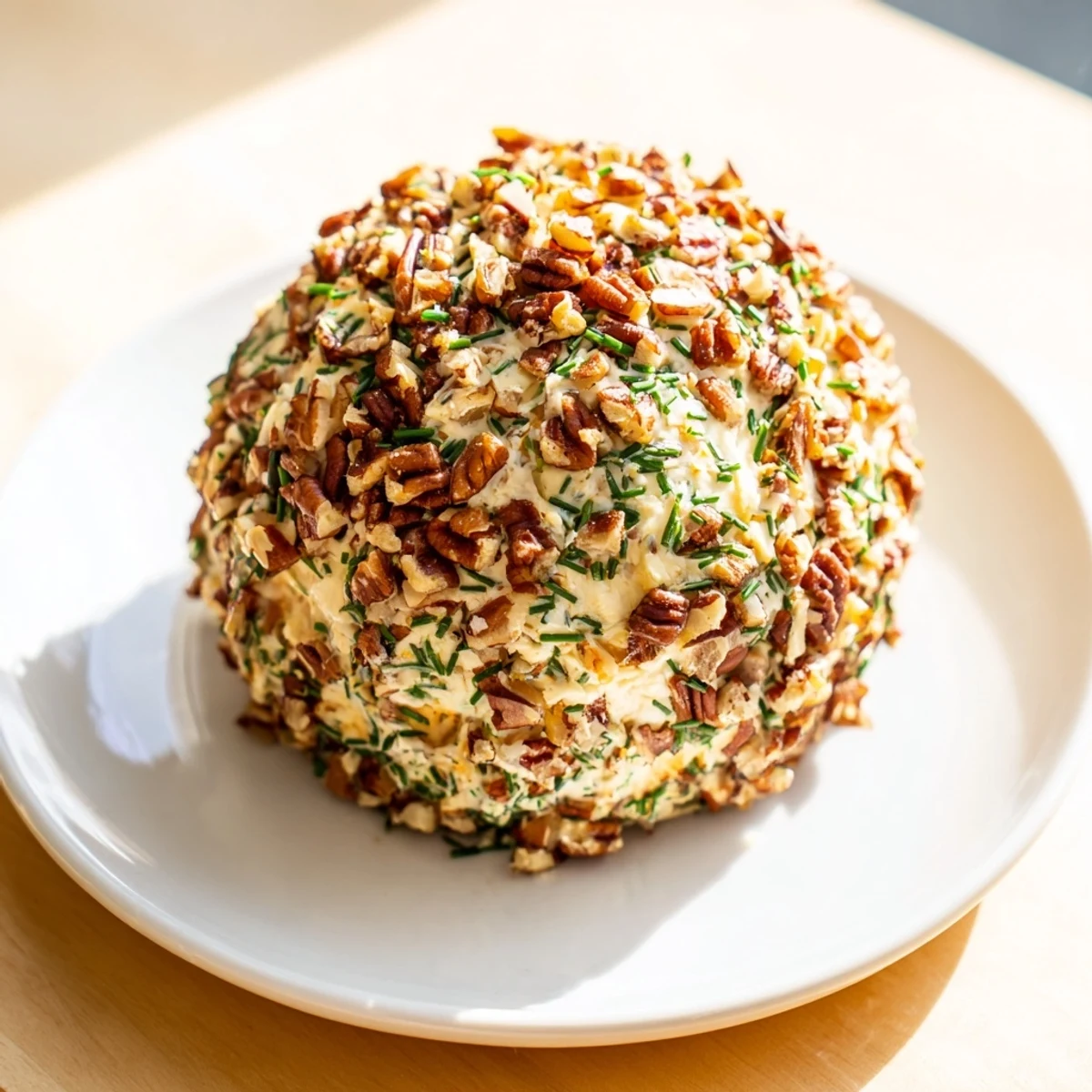 A beautifully-coated Classic Cheese Ball: a creamy appetizer rolled in toasted pecans, ready to serve.