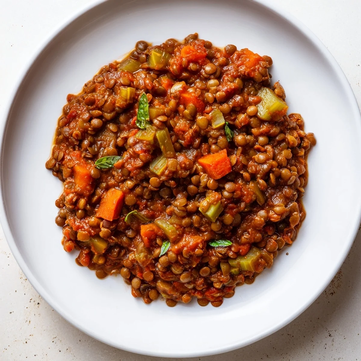 Creamy Tomato Basil Lentil Bolognese served over pasta, a vegan delight with fresh basil aroma.