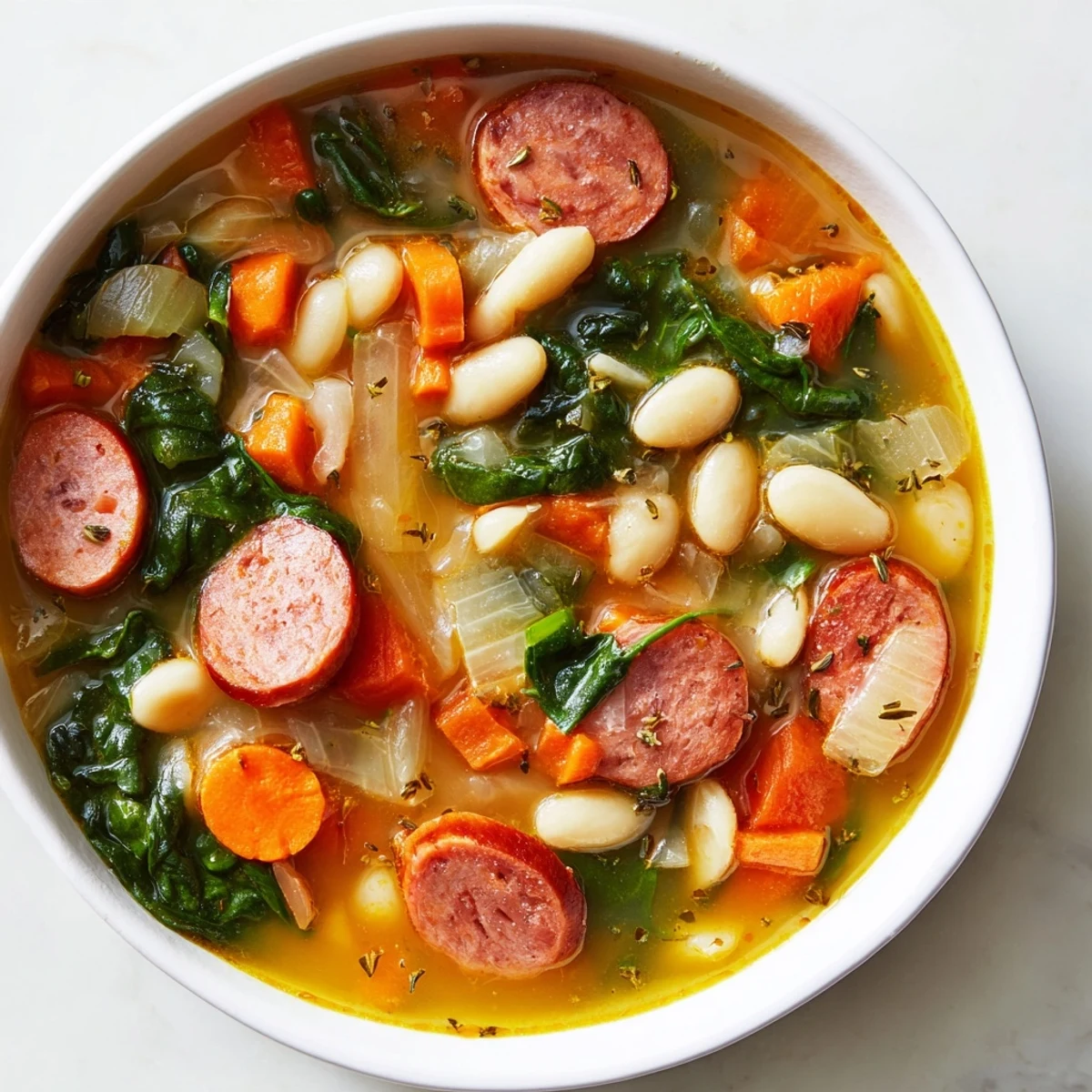 Savory Simple Sausage and White Bean Soup with browned sausage and vegetables, ready in minutes.