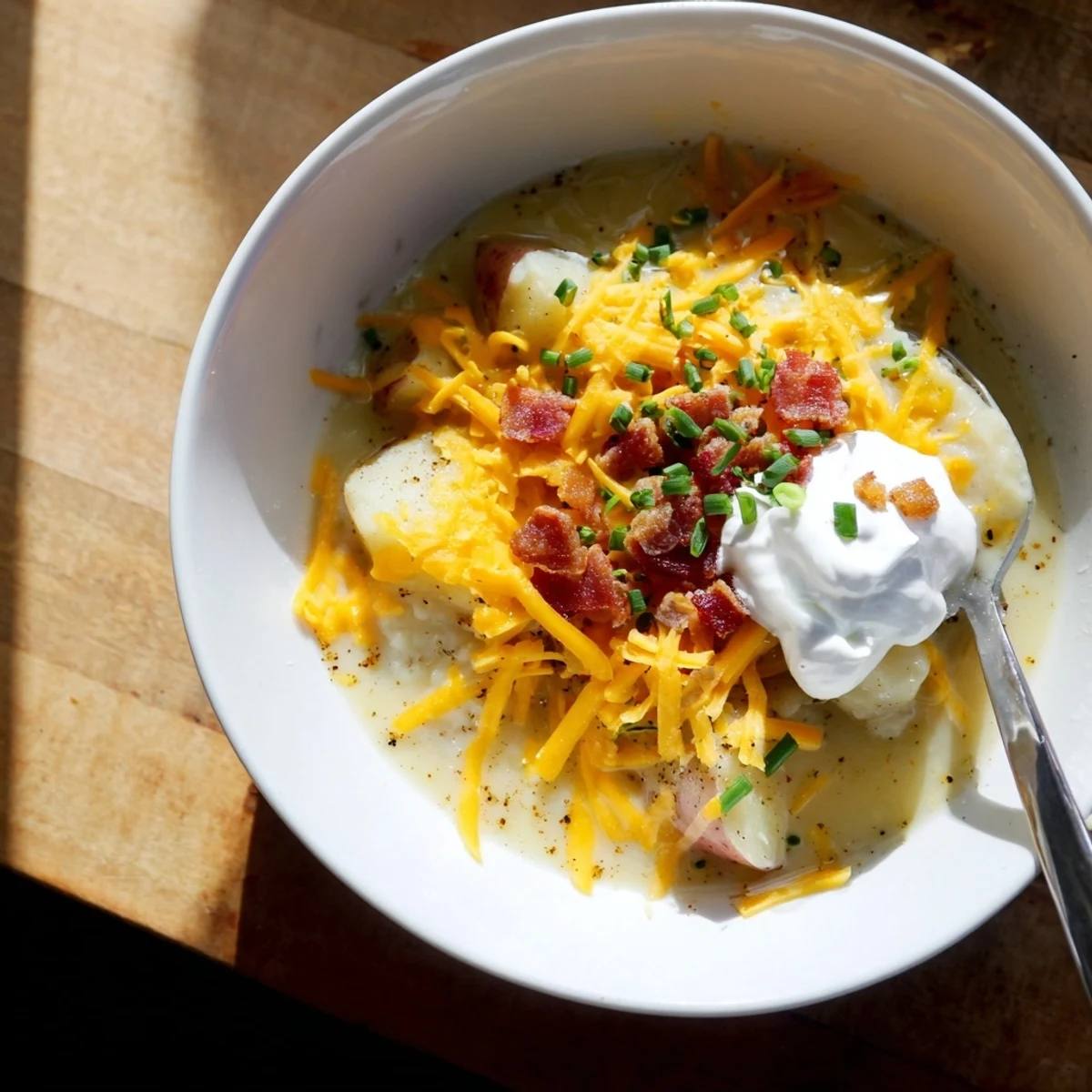 This rich, comforting The Ultimate Baked Potato Soup features golden, fluffy potatoes in a creamy broth.