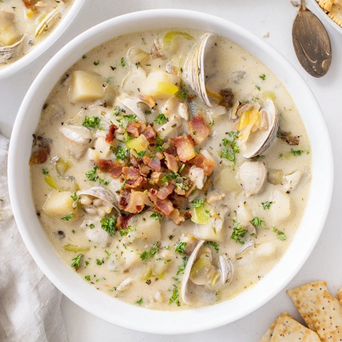 Freshly garnished New England Clam Chowder, with crispy bacon crumbles and fresh parsley adding flavor.