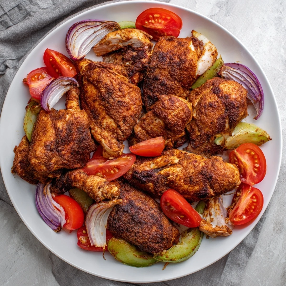 Golden Sheet Pan Chicken Shawarma with roasted peppers and juicy tomatoes, ready to serve.