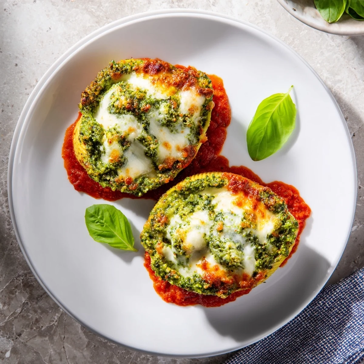 A close-up of baked pesto and ricotta stuffed shells showcasing creamy filling and rich tomato sauce, ready to eat.