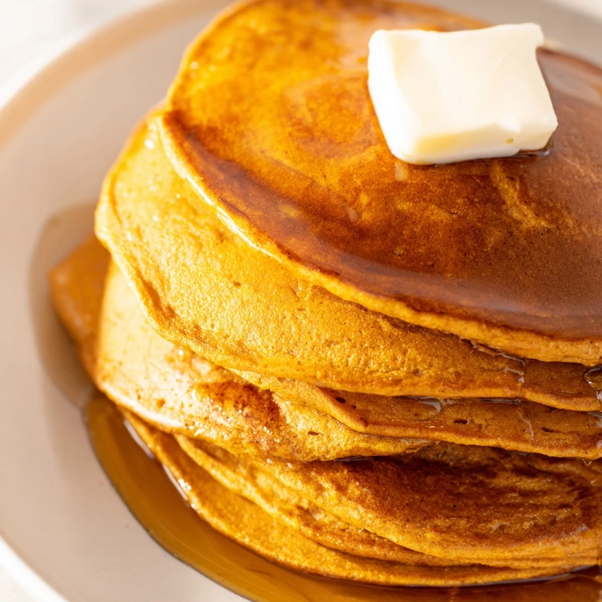 Fluffy gingerbread pancakes, golden brown and drizzled with warm maple syrup, ready to eat.