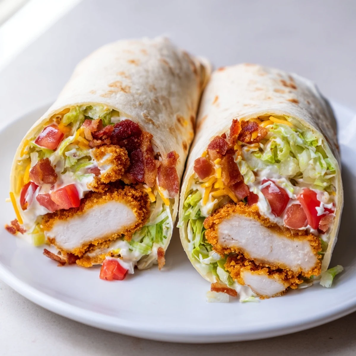 Golden, crispy chicken bacon ranch wrap with fresh lettuce, red tomatoes, and shredded cheese.