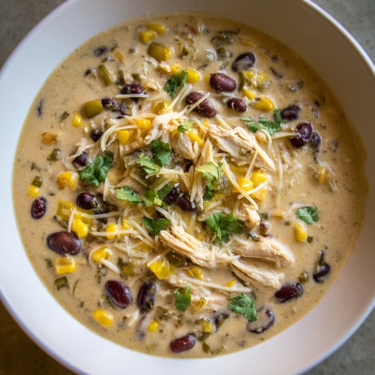 A steaming bowl of Chicken Poblano Soup, garnished with fresh cilantro, ready to be enjoyed.