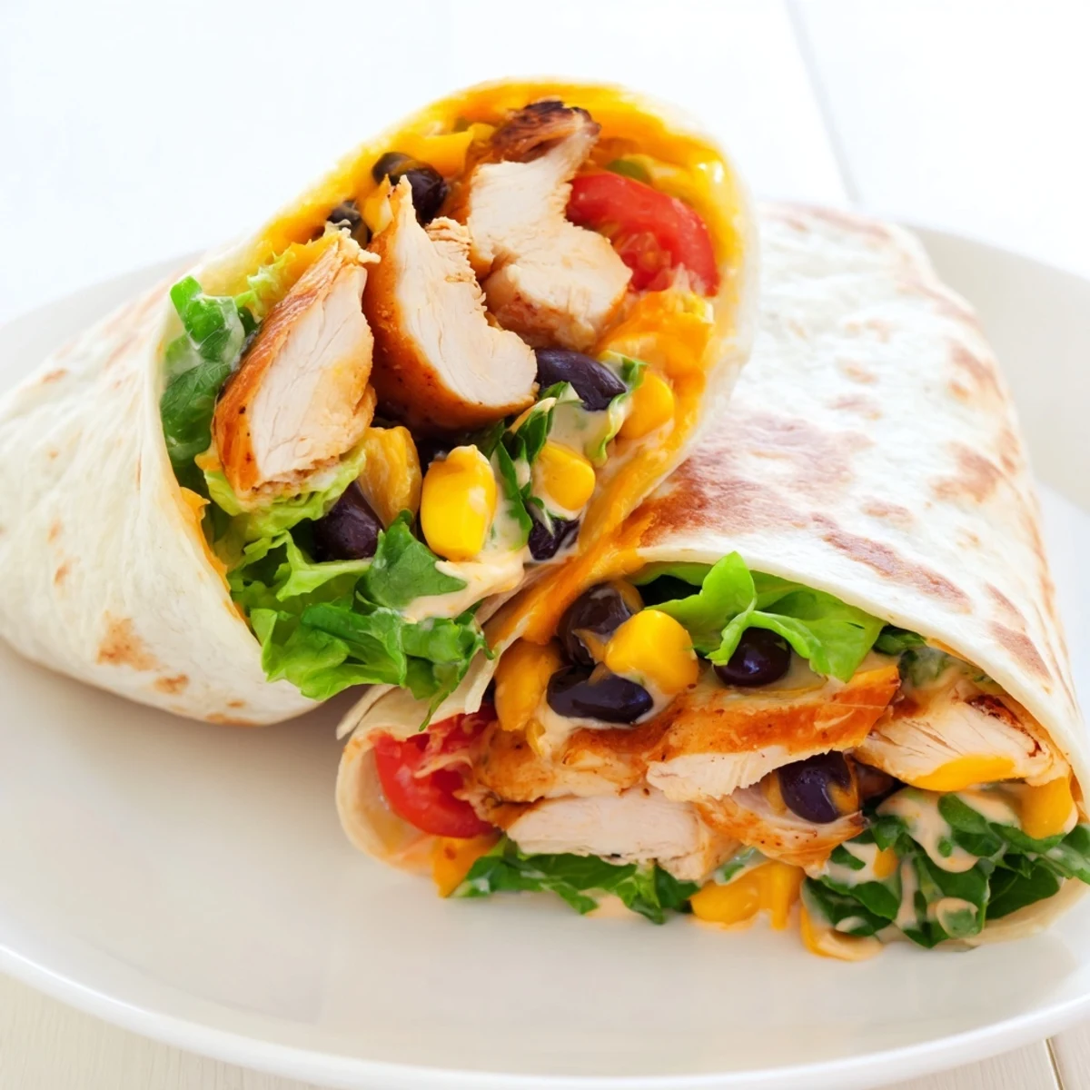 A delicious Southwest Chicken Wrap, filled with savory chicken and fresh, colorful vegetables.