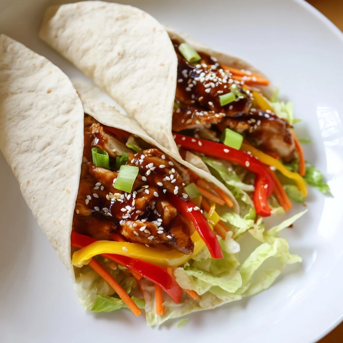 Tender teriyaki chicken wraps, filled with colorful veggies and savory sauce, ready to eat.