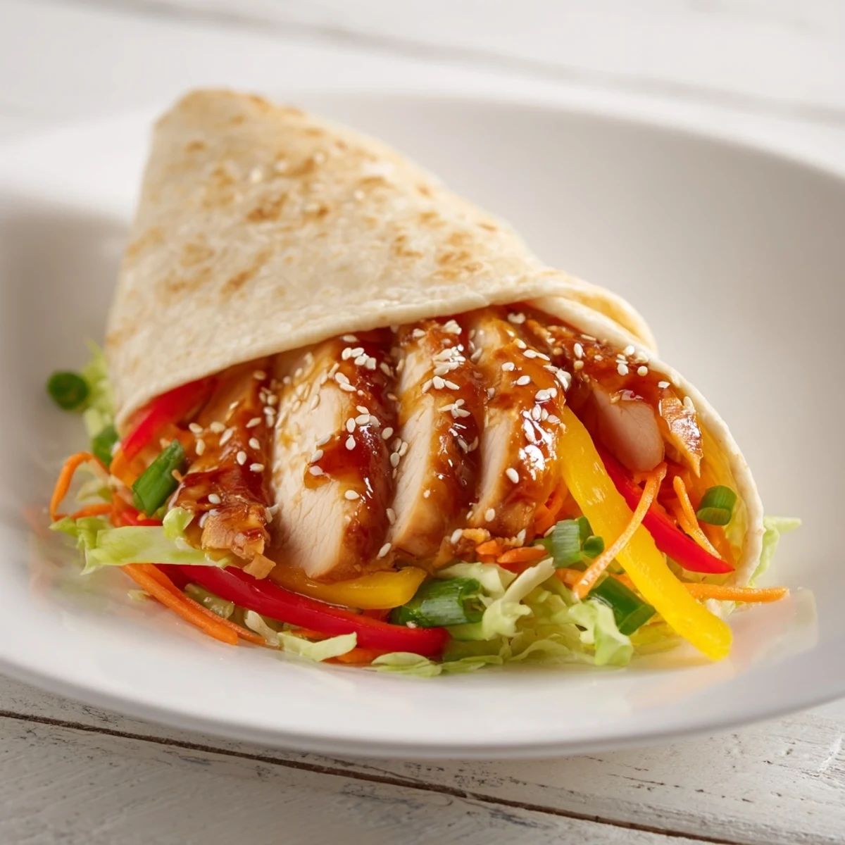 Perfectly rolled teriyaki chicken wrap, showing a cross-section full of colorful, flavorful ingredients.