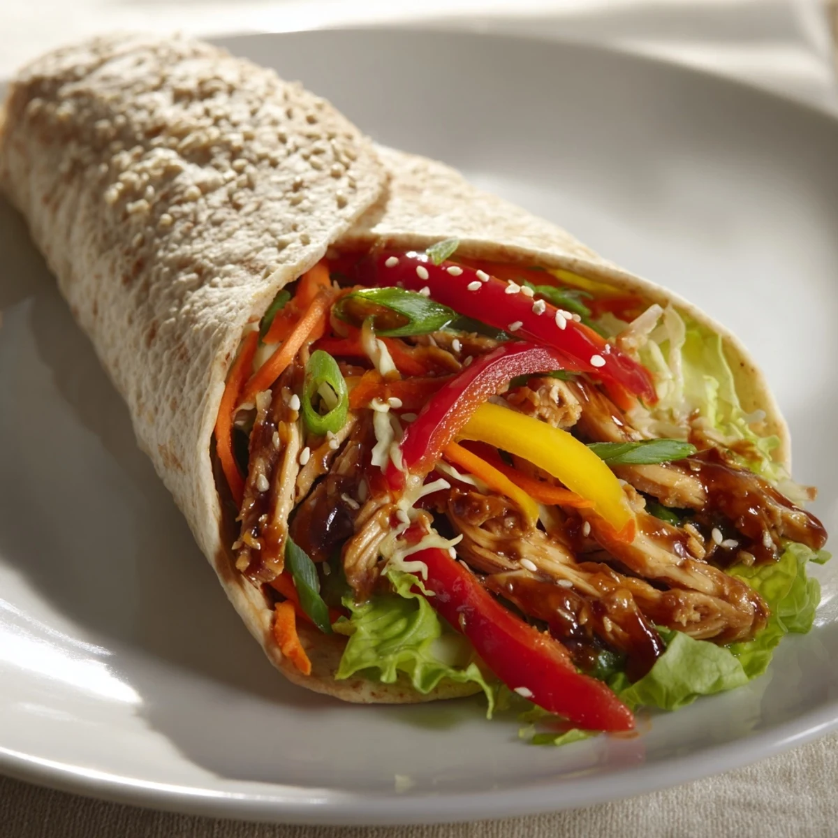 Freshly assembled teriyaki chicken wraps displaying a medley of textures with sliced chicken.