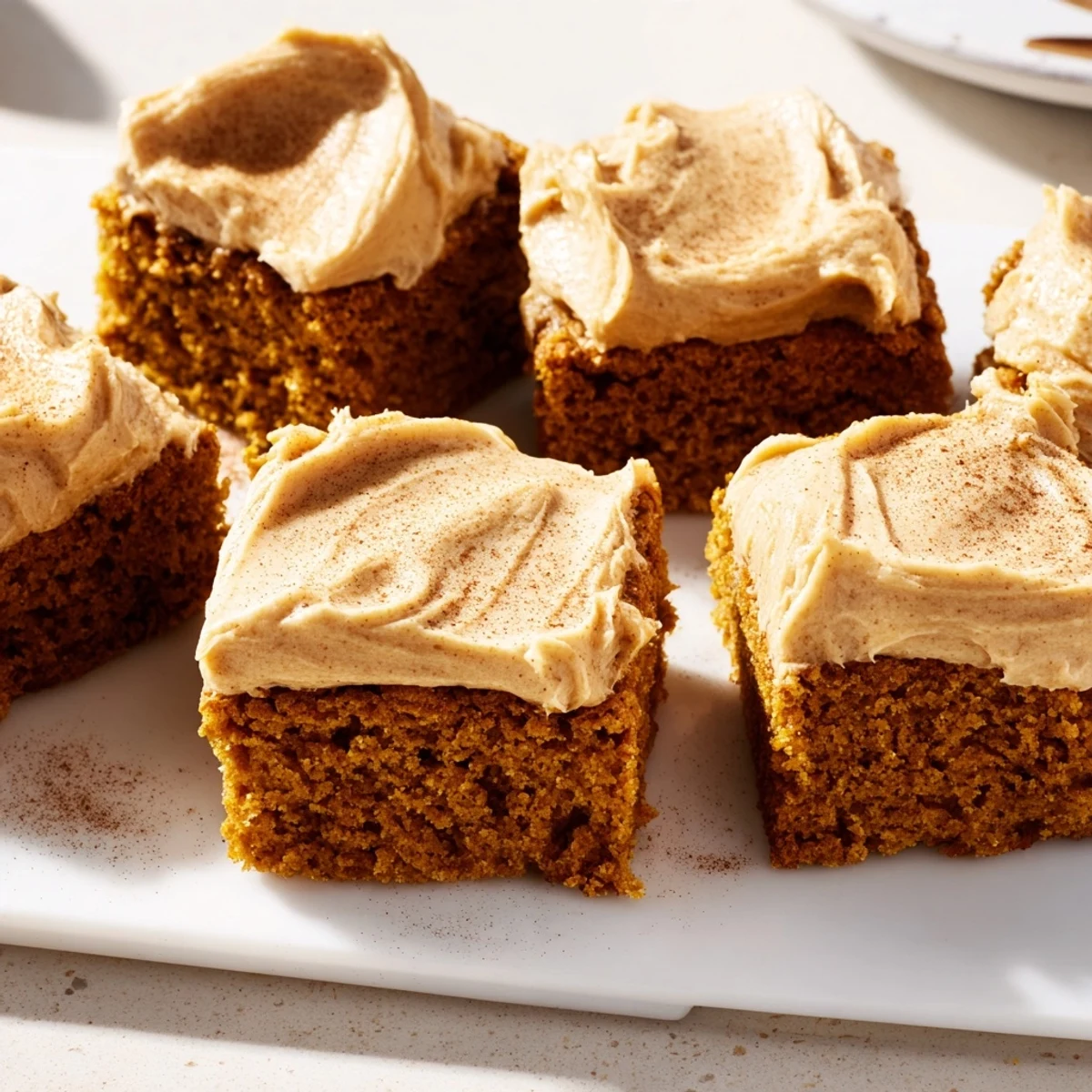Appealing photo of golden-brown pumpkin bars, finished with fluffy brown sugar frosting, ready to serve.