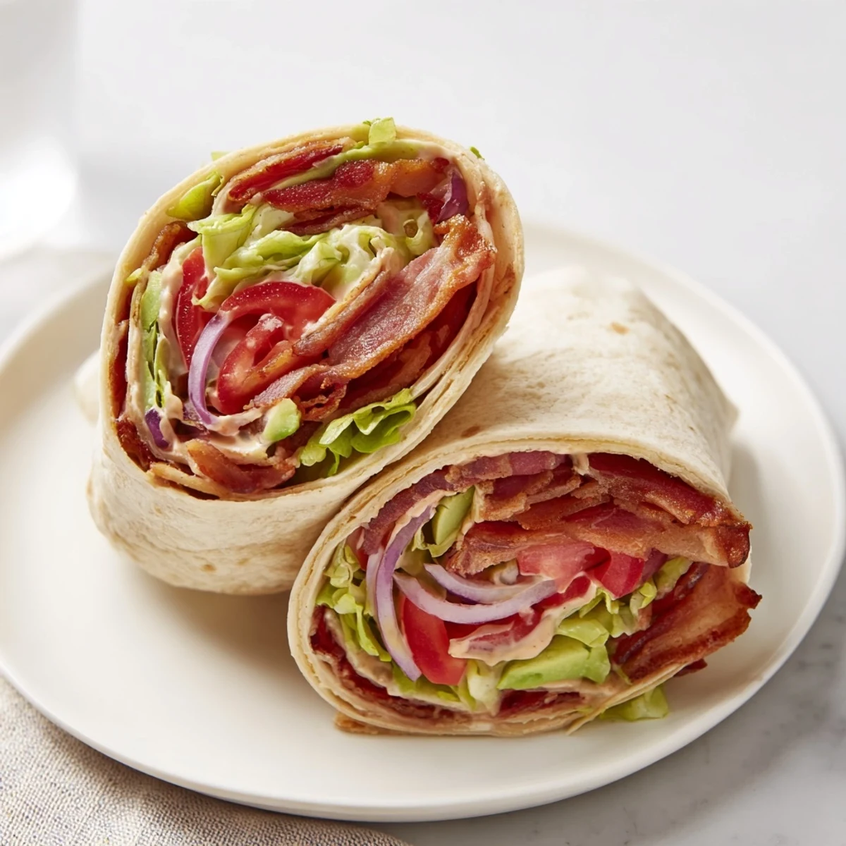 Zesty BLT Wraps with Chipotle Mayo: a close-up shows bacon, tomatoes, and creamy chipotle sauce in a wrap.