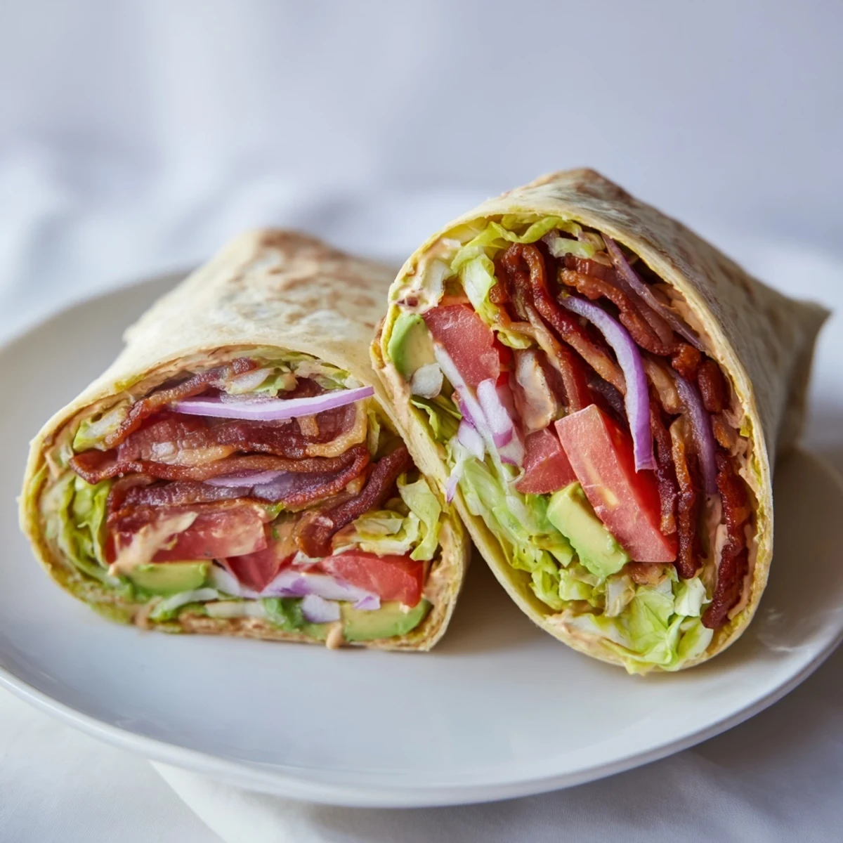 Perfect Zesty BLT Wraps featuring layers of bacon, lettuce, tomato, and chipotle mayo for a tasty lunch.