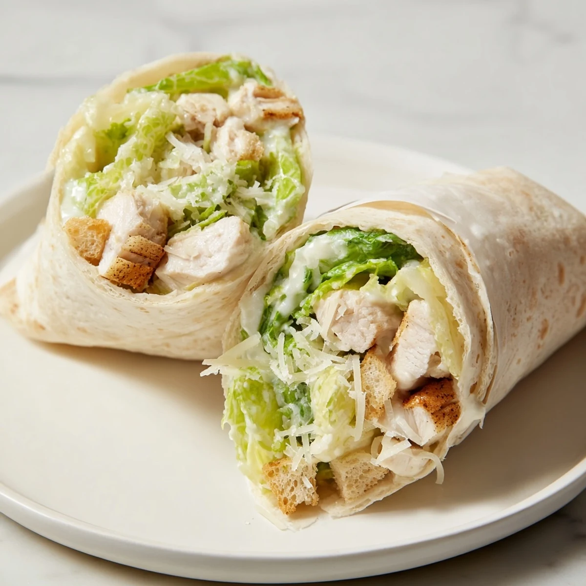 A close-up shot of delicious Chicken Caesar Wraps, perfectly wrapped and filled, ideal for lunch.