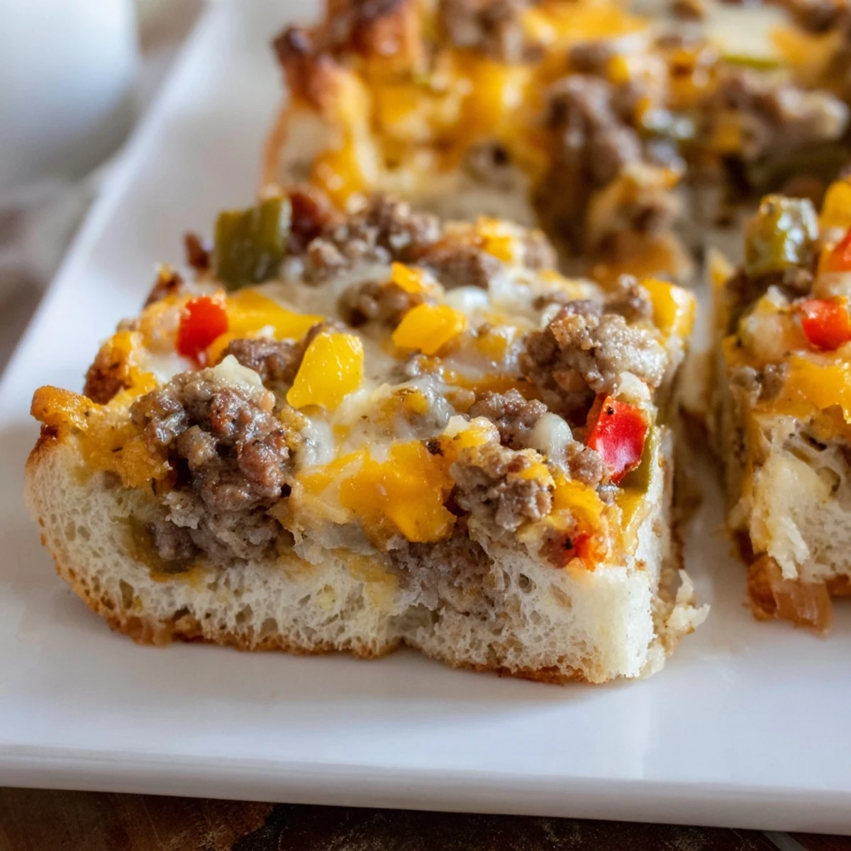Sizzling Lightning-Fast Breakfast Sausage Casserole, topped with melted cheddar and colorful bell peppers.