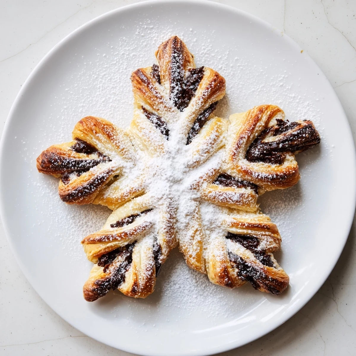 Golden, flaky Express Nutella Puff Pastry Snowflake, dusted with powdered sugar, ready to savor.