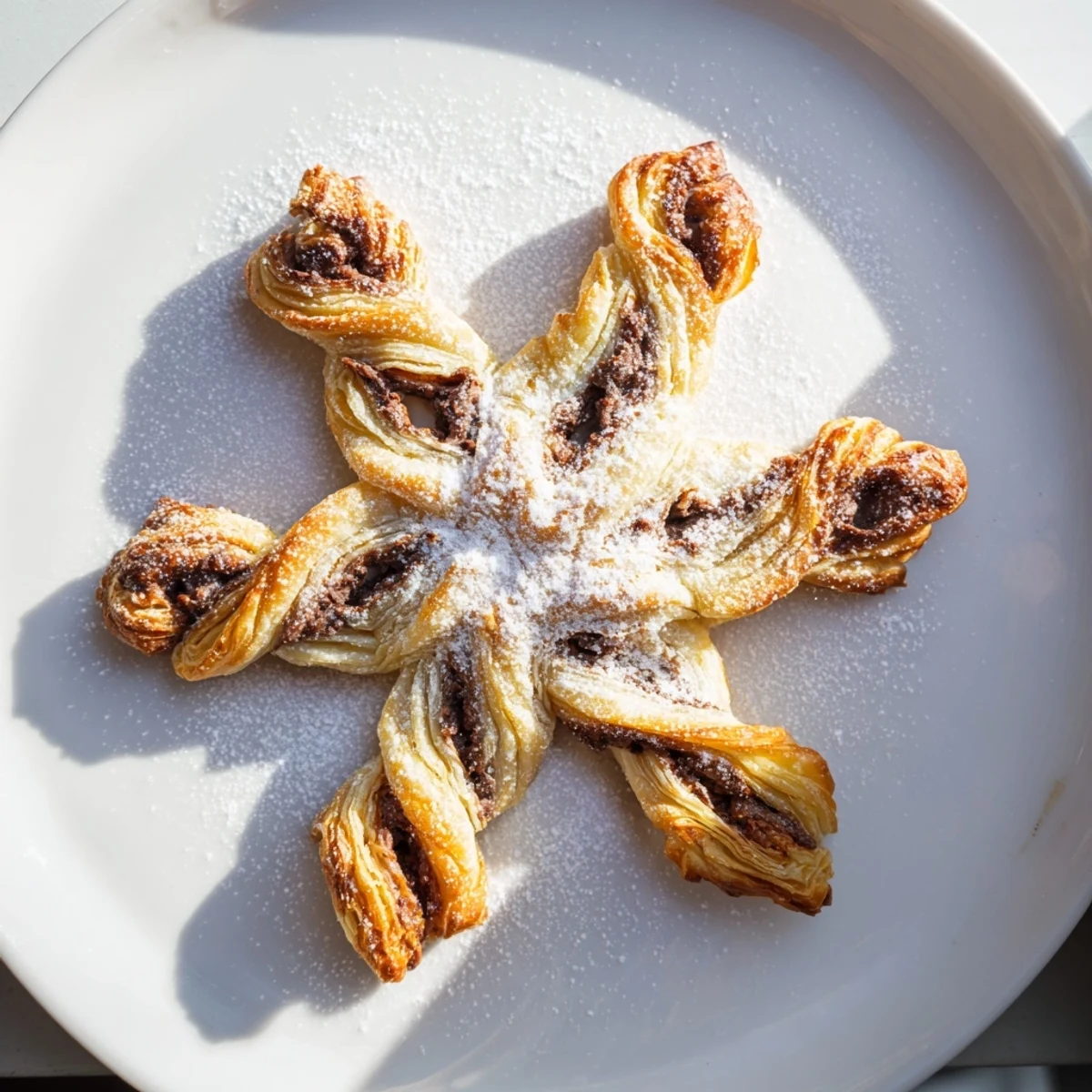 Homemade Express Nutella Puff Pastry Snowflakes, twisted and baked to a perfect golden brown, ready to enjoy.