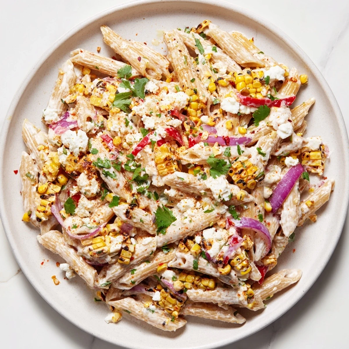 Vibrant Healthier Mexican Street Corn Pasta Salad with charred corn, ready for your next cookout.