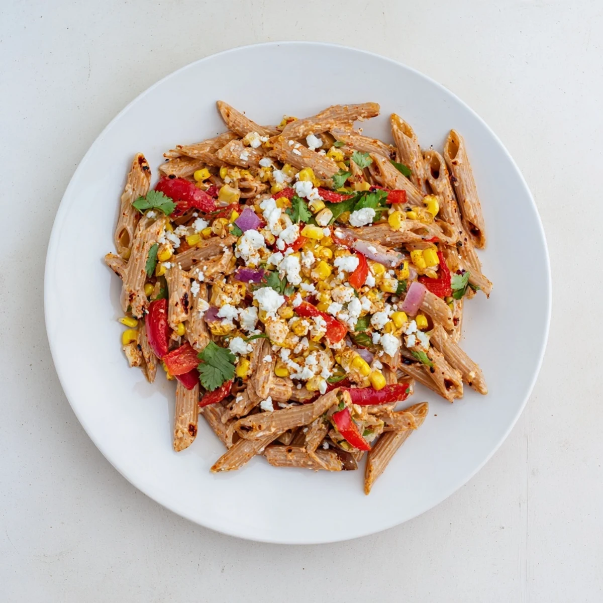 Cool, refreshing Healthier Mexican Street Corn Pasta Salad, a vegetarian meal, ready to serve and enjoy.