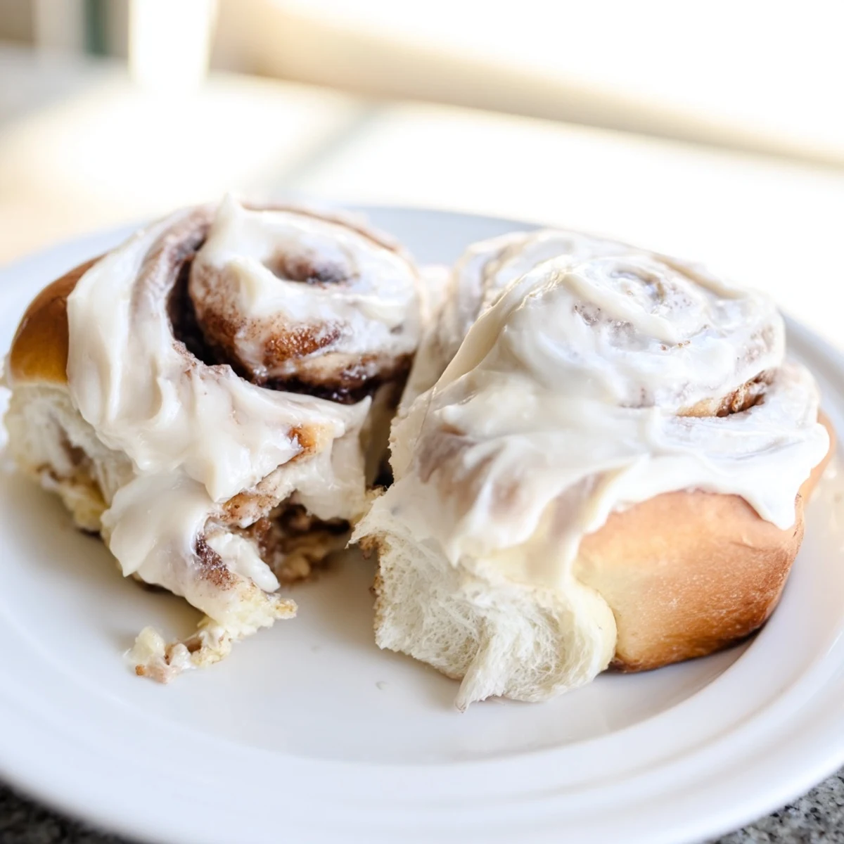 Warm, golden-brown Viral TikTok Heavy Cream Cinnamon Rolls, drizzled with creamy frosting and ready to eat.