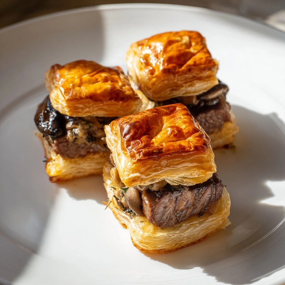 Golden, flaky Simplified Christmas Beef Wellington Bites, filled with savory beef and mushroom, ready to serve.
