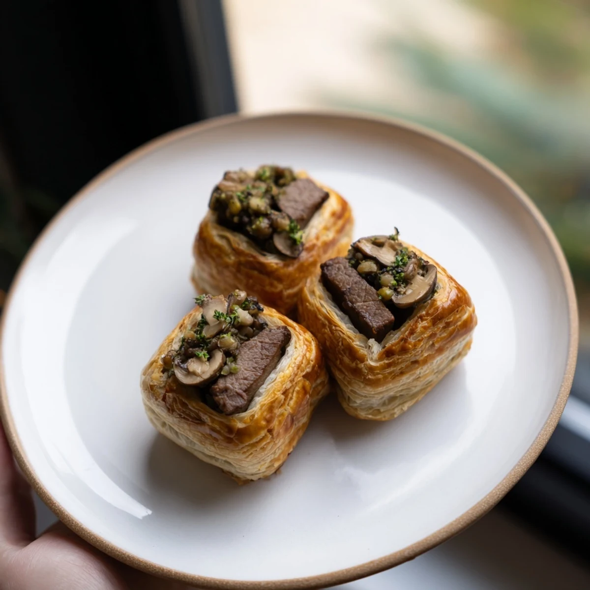 Perfectly baked Simplified Christmas Beef Wellington Bites with their puffed, golden pastry ready to eat.