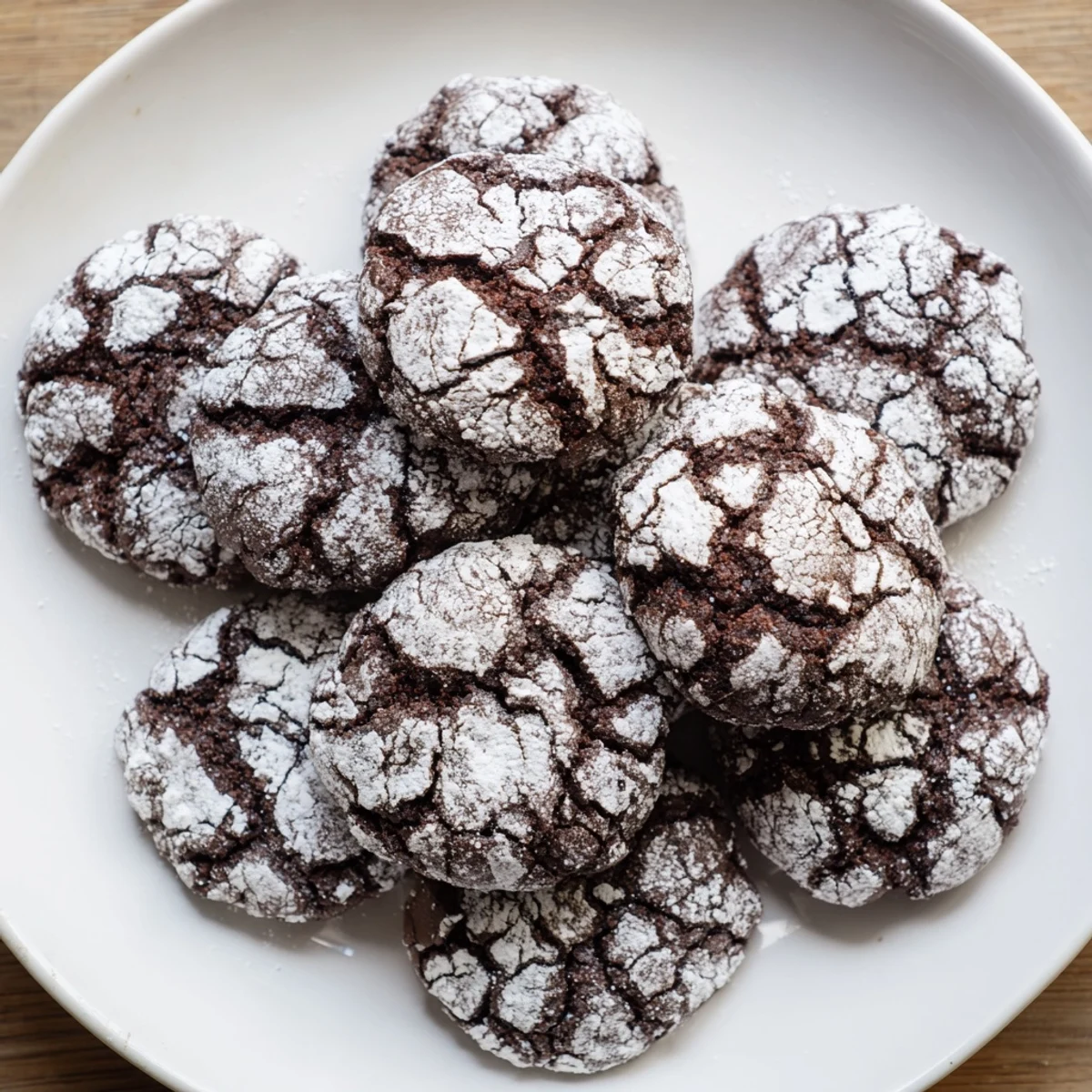 A perfect stack of air-fried Chocolate Crinkle Cookies, dusted generously with sweet powdered sugar.