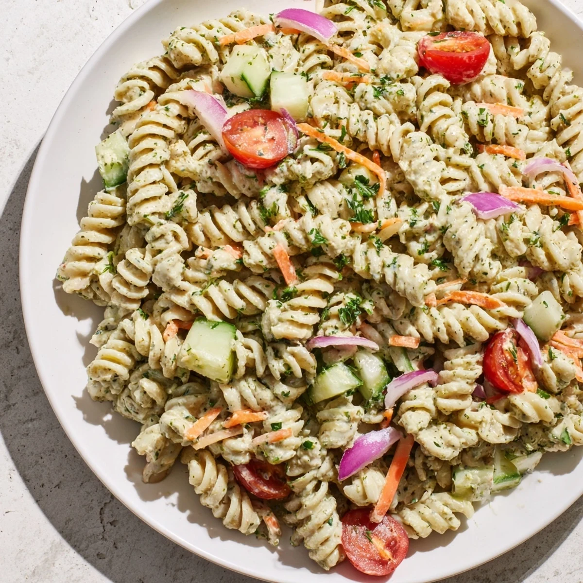 Cool, refreshing Vegan Hemp Seed Ranch Pasta Salad featuring colorful vegetables and a rich hemp seed dressing.