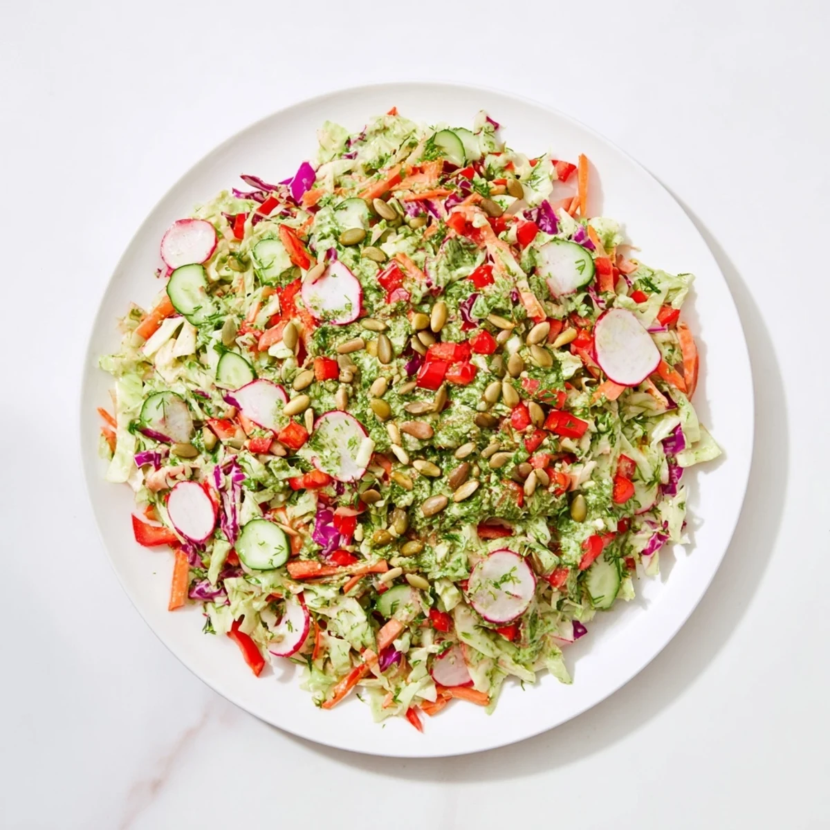 Freshly tossed Green Goddess Confetti Chop Slaw, featuring crunchy vegetables and herbs, ready to serve.