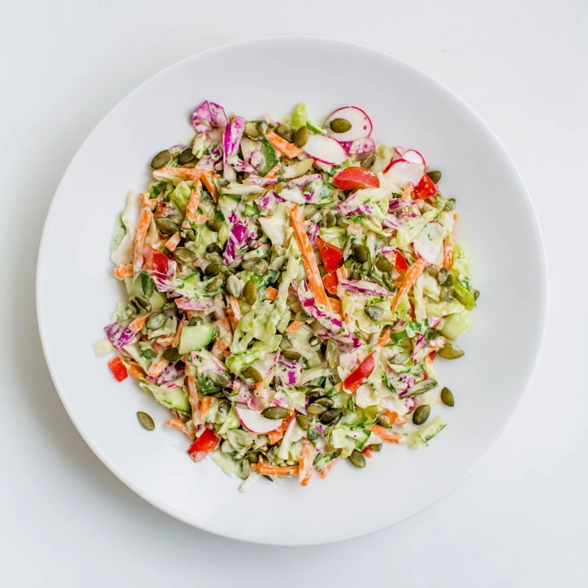 Bright Green Goddess Confetti Chop Slaw, a colorful salad with creamy dressing, perfect for lunch.