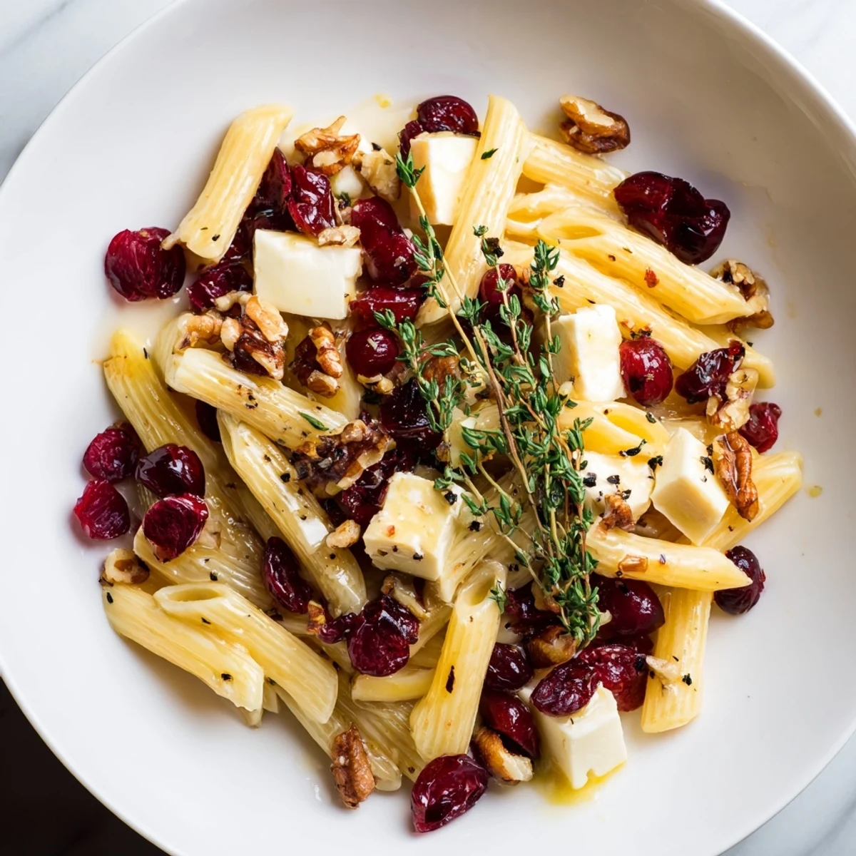 Creamy Baked Brie & Cranberry Pasta, loaded with melted cheese and sweet, tart cranberries, ready to eat.