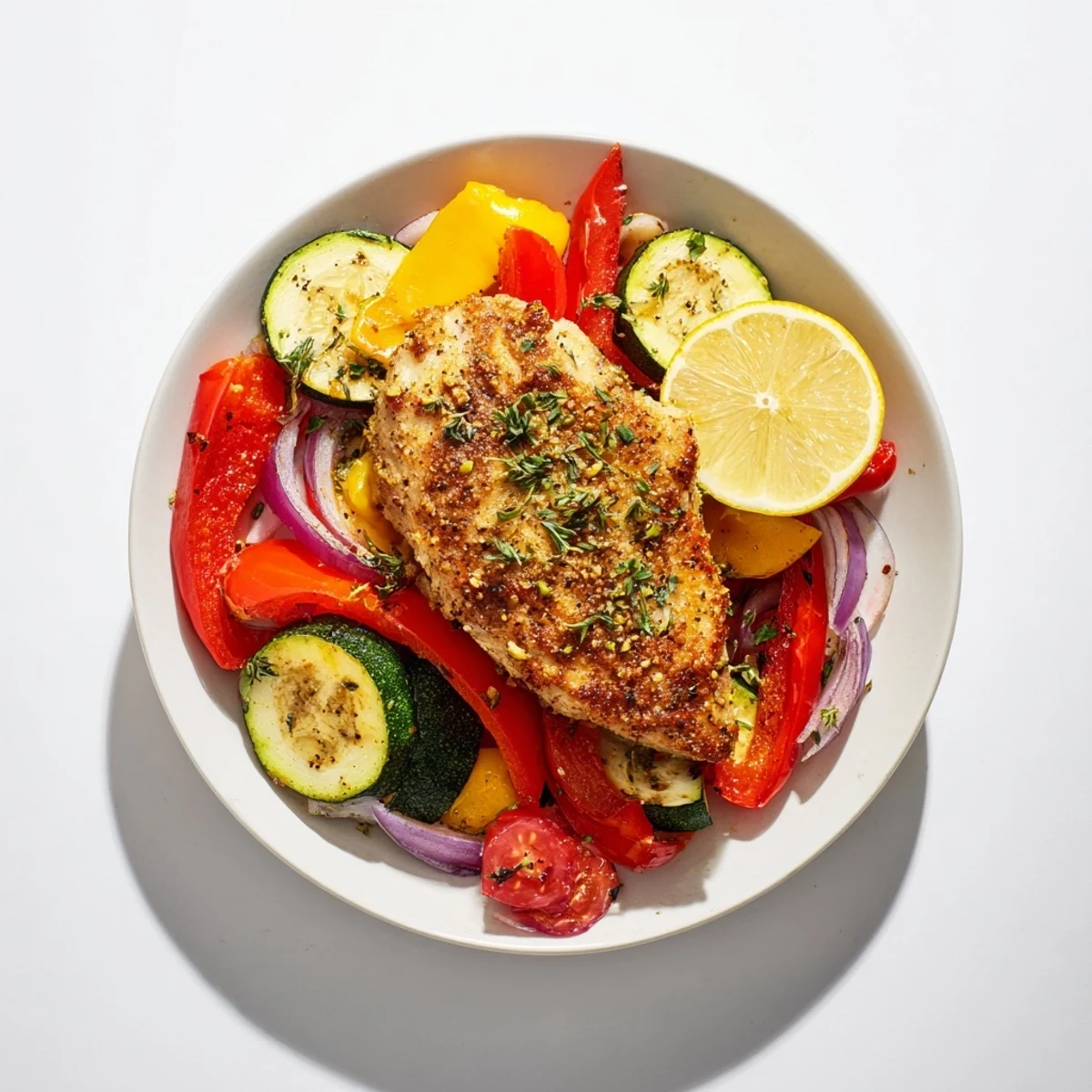 Golden, savory sheet pan lemon oregano chicken cutlets, garnished with fresh herbs and lemon wedges.