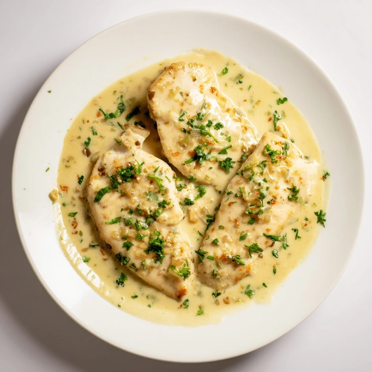 A close-up of steaming Lighter Creamy Tarragon Chicken with fresh tarragon garnish, deliciously savory.