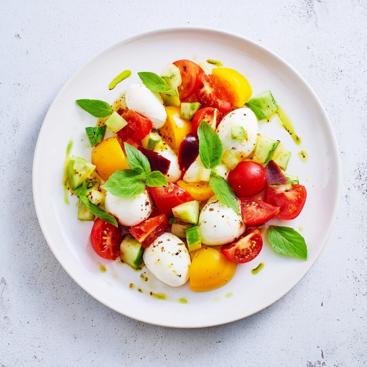 Vibrant Simple Holiday Chopped Caprese Salad with juicy tomatoes, creamy mozzarella, and fragrant basil.