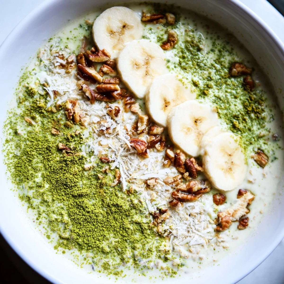 A close-up of a jar filled with High-Protein Eggnog Matcha Overnight Oats, ready for a delicious breakfast.
