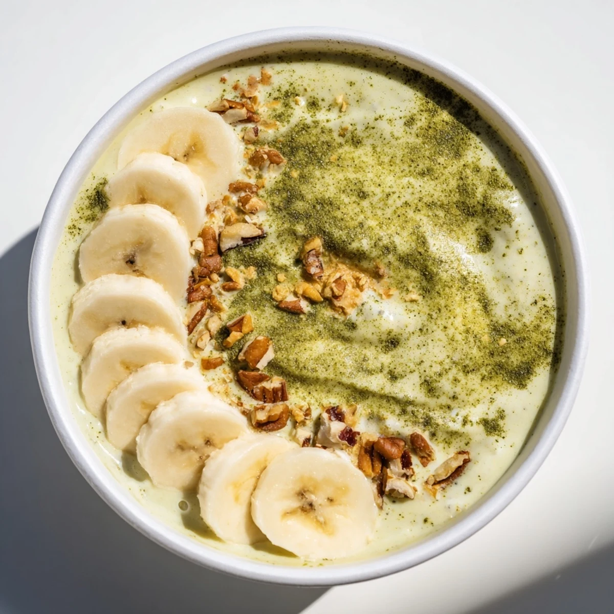 Enjoy a spoonful of chilled High-Protein Eggnog Matcha Overnight Oats, a vibrant and protein-packed breakfast.