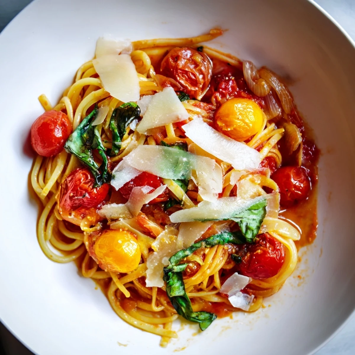 Steaming bowl of Cozy Fireplace One-Pan Tomato Basil Pasta, garnished with fresh basil, smells heavenly.