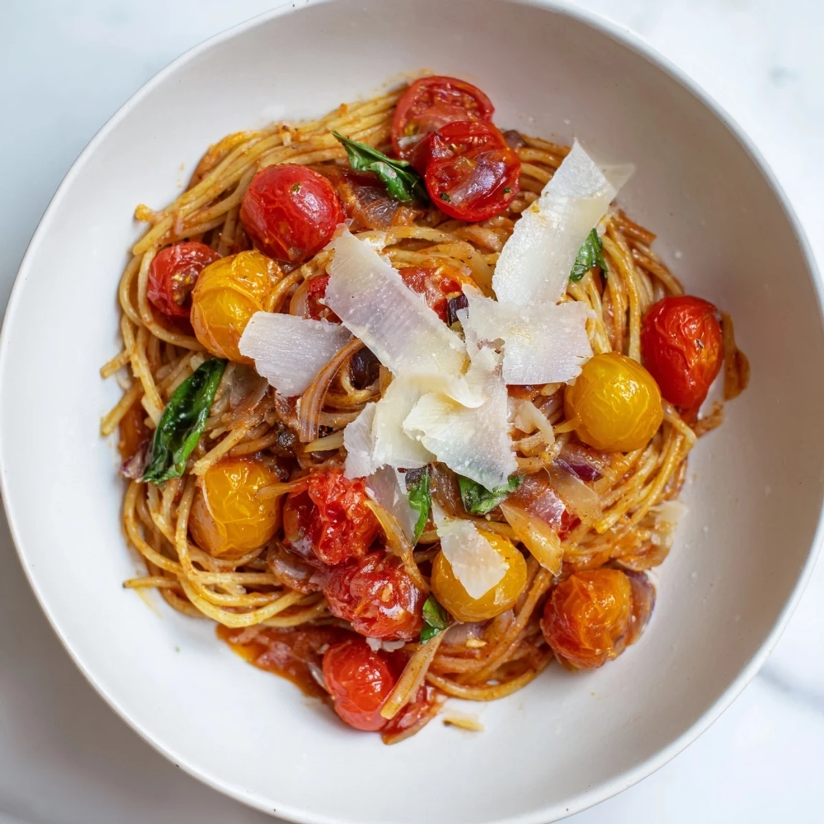 One-pan creation: golden pasta mingled with vibrant tomatoes defines this Cozy Fireplace Pasta dish.