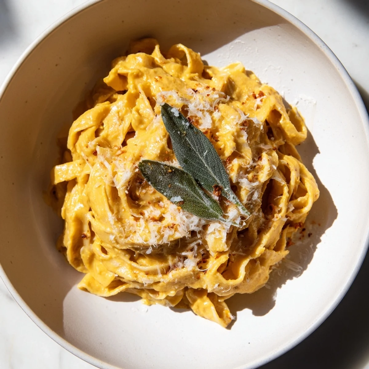 A warm bowl of Healthy Creamy Pumpkin Sage Pasta, ready to serve with Parmesan.
