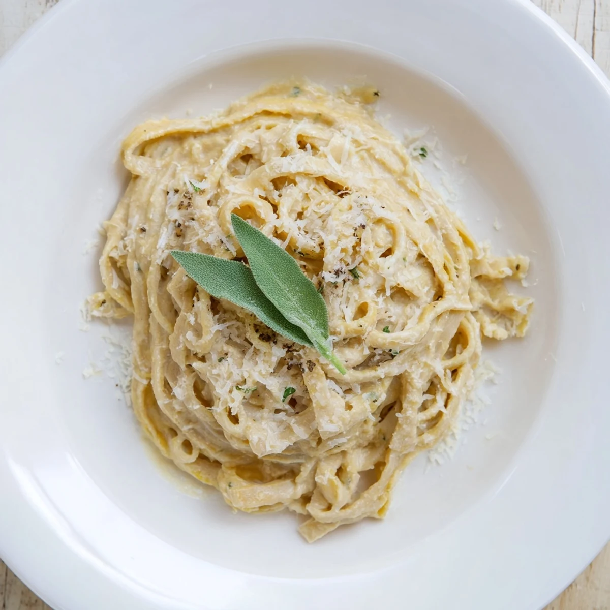 Vibrant orange Healthy Creamy Pumpkin Sage Pasta sauce coats the whole wheat fettuccine, delicious and savory.