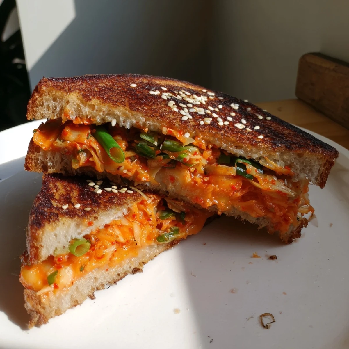 Crispy sourdough hugging melted sharp cheddar and spicy kimchi in this Skillet Kimchi & Cheddar Fusion Grilled Cheese.