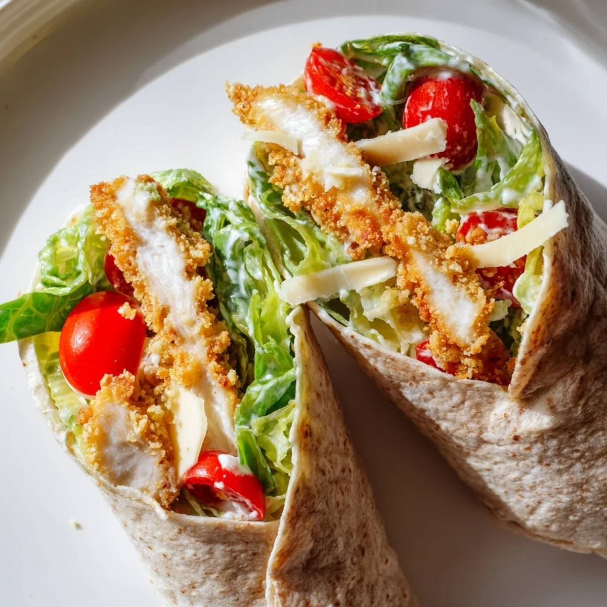 Golden, crispy strips of chicken peeking out from a flavorful Crispy Santa Hat Chicken Caesar Wrap.