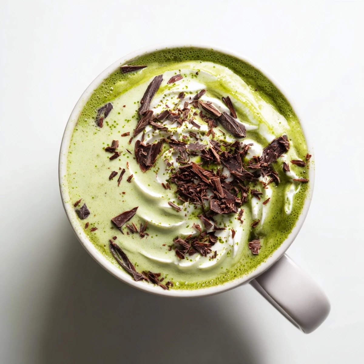 Steaming Collagen Peppermint Mocha Matcha Latte, a vibrant green and cocoa-colored beverage, is ready to enjoy.