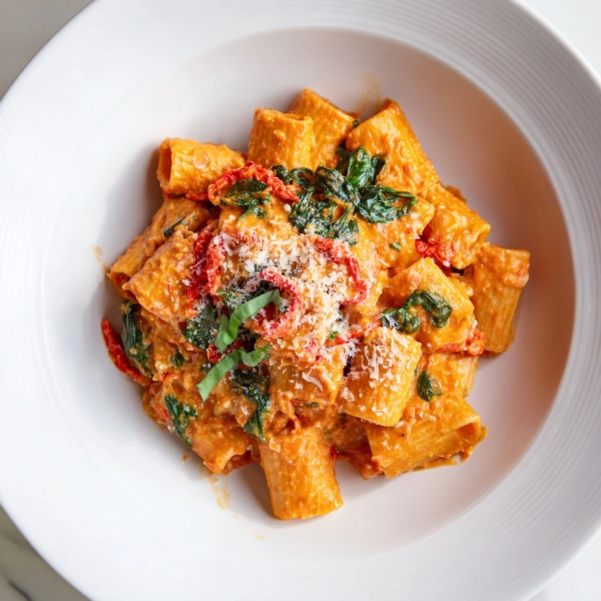 Creamy tomato-vodka sauce coats the pasta in this flavorful Lightened-Up Vodka Rosé Christmas Pasta recipe.