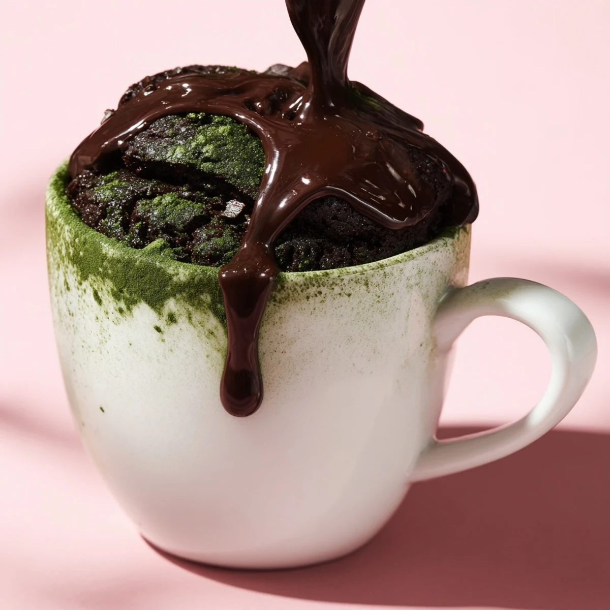 Steaming Matcha Peppermint Brownie Batter Mug Cake, a warm, single-serving dessert with rich chocolate chips.