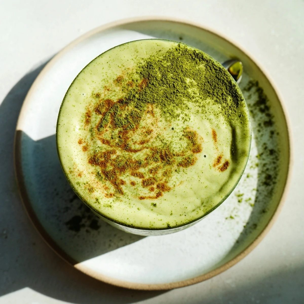 Matcha Snickerdoodle Protein Shake, a creamy blend showcasing green matcha and cinnamon's delightful flavors.