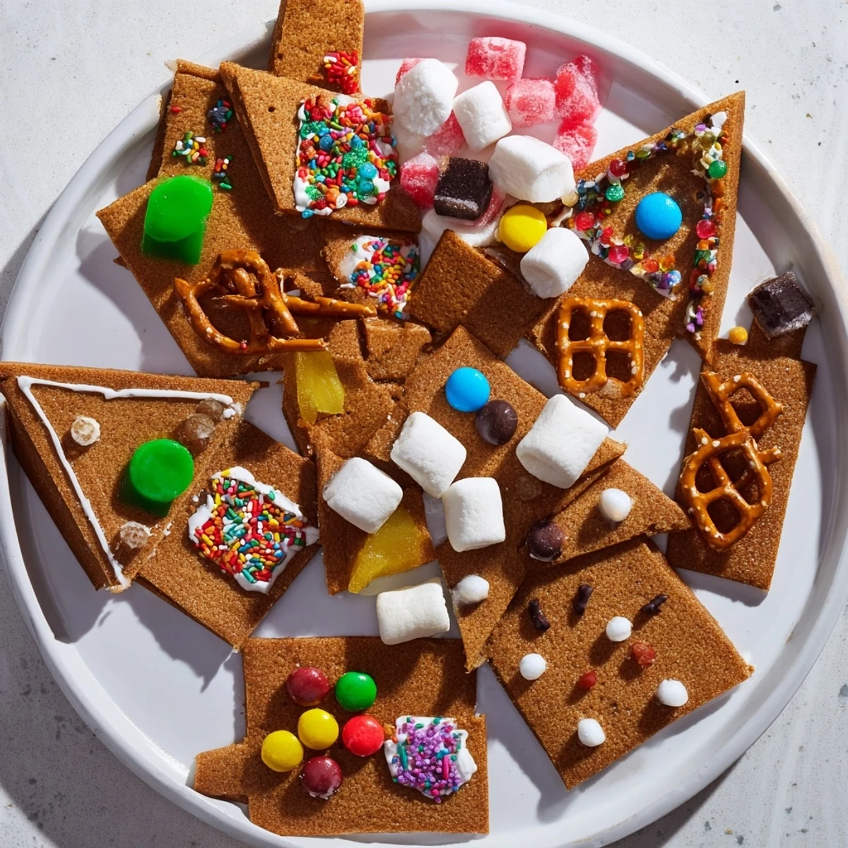 A delightful Gingerbread House Board, complete with gingerbread pieces and colorful candies for a festive treat.