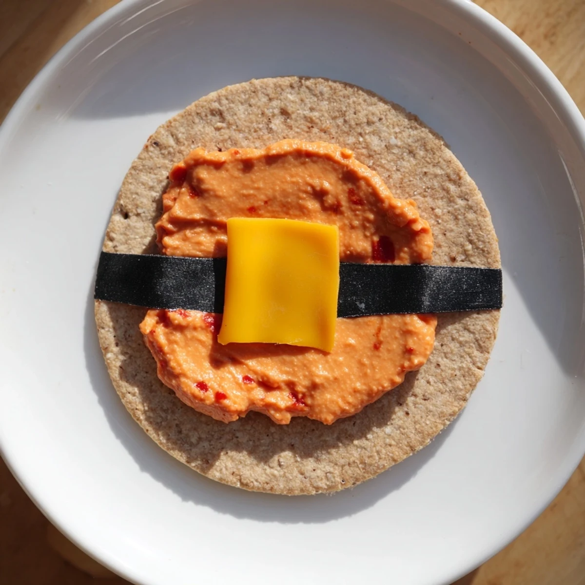 Savory Santa's Belt Crackers, topped with creamy red pepper dip and ready to serve at your holiday party.